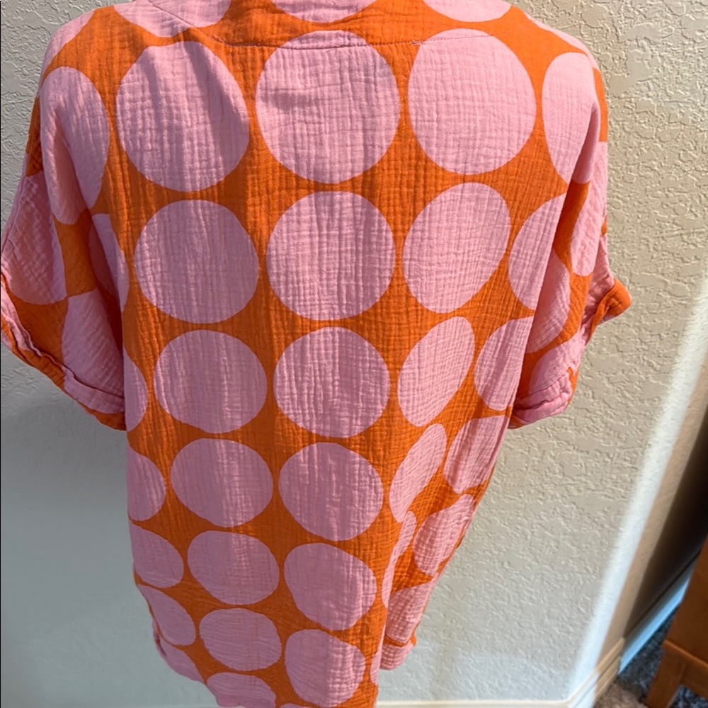 Pink and Orange Polka Dot Women's Top Sz XL - Picture 2 of 4